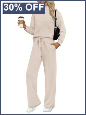 Two Piece Lounge Set Mock Neck Top Wide Leg Pants